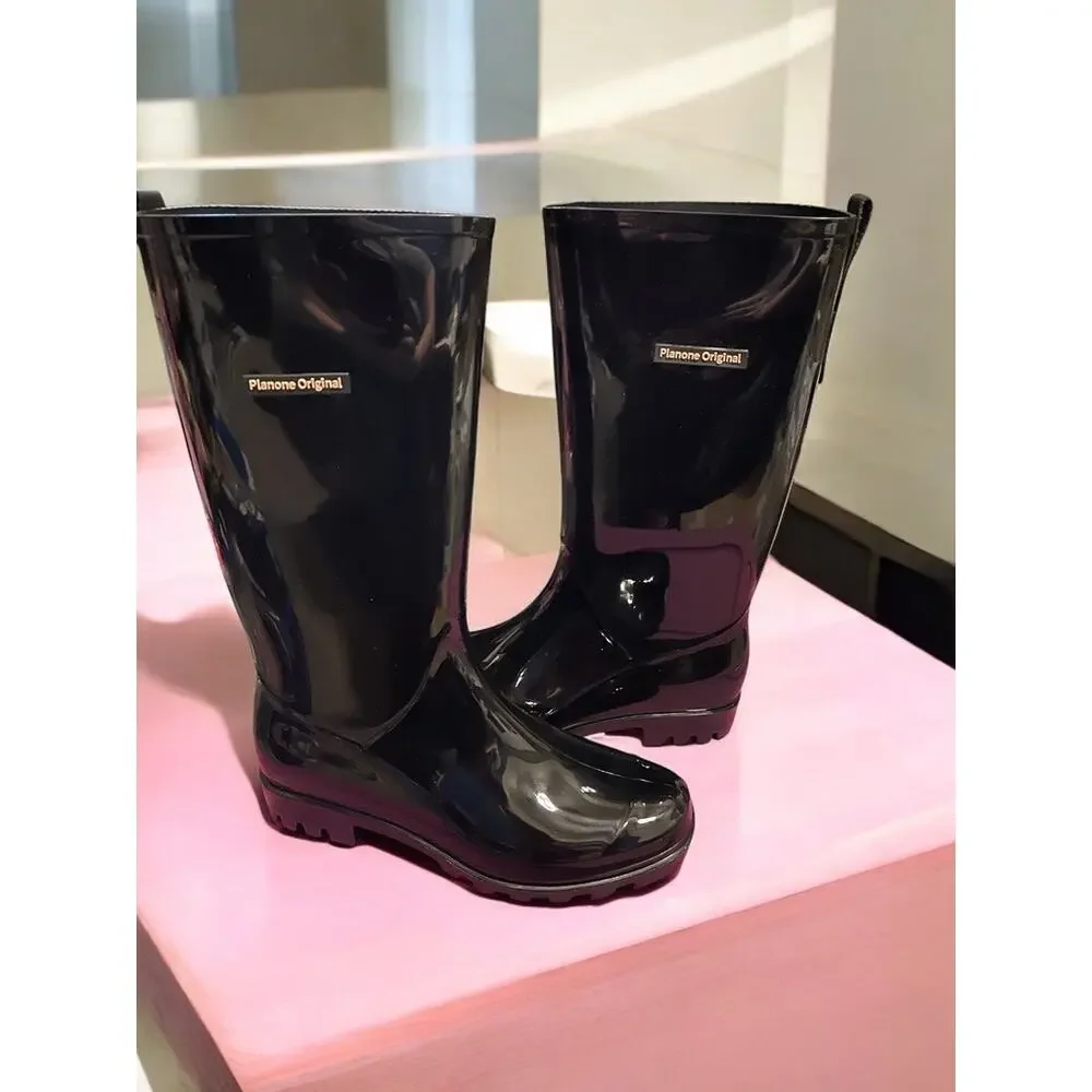PLANONE Women's Tall Rain Boots Waterproof Black Slip On-USA SZ 10 SZ UK 29